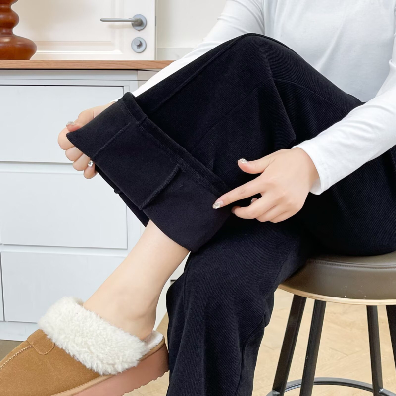 Pantaloni femei Micro Flare, iarnă 2025, poliester, talie elastică, lungi, țesătură groasă