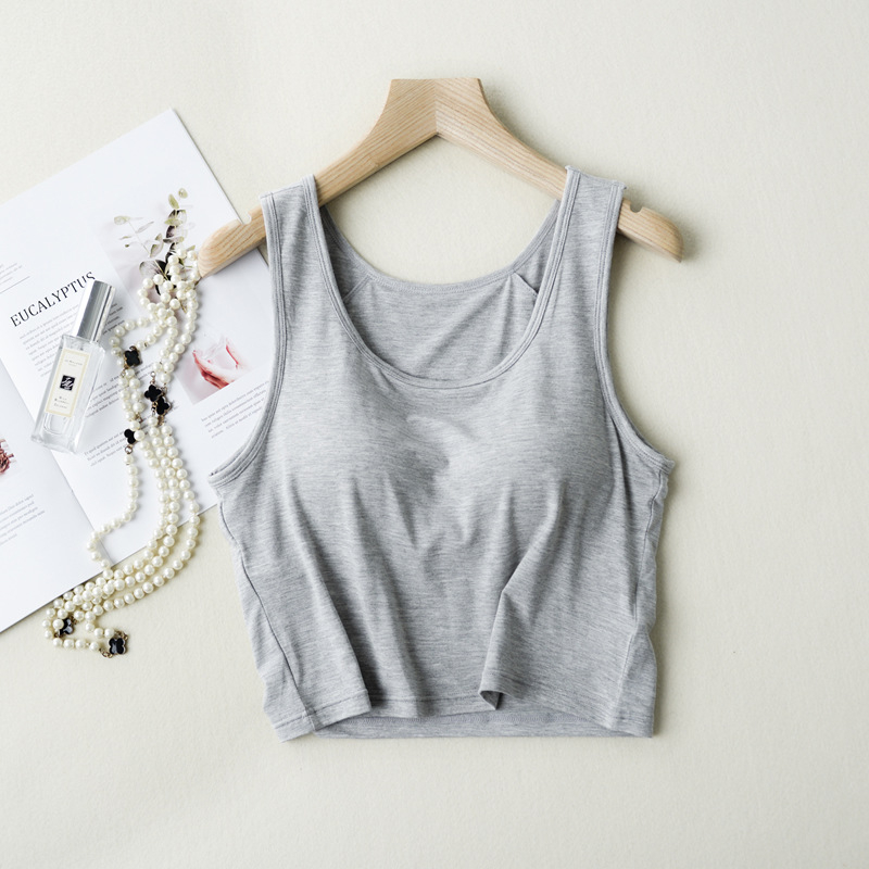 Modal женски къс потник с подплънки за бюст и вграден сутиен, тънък силует, презрамки неподвижни, къса дължина, еластичен плат от вискоза-модал със спандекс