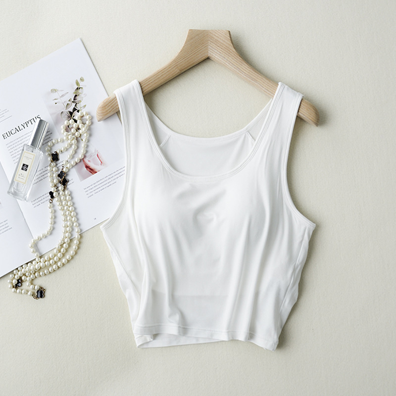 Modal женски къс потник с подплънки за бюст и вграден сутиен, тънък силует, презрамки неподвижни, къса дължина, еластичен плат от вискоза-модал със спандекс