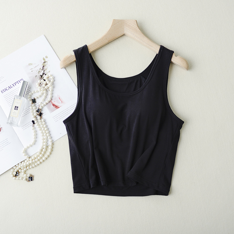 Modal женски къс потник с подплънки за бюст и вграден сутиен, тънък силует, презрамки неподвижни, къса дължина, еластичен плат от вискоза-модал със спандекс