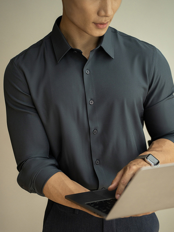 Мъжка риза с тясна кройка, полиестер/спандекс, без гладене, pointed яка, дълги ръкави