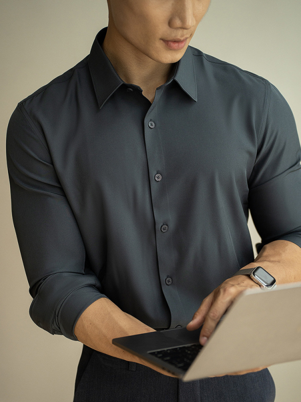Мъжка риза с тясна кройка, полиестер/спандекс, без гладене, pointed яка, дълги ръкави