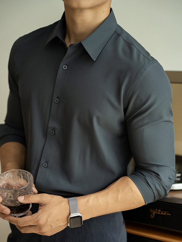 Мъжка риза с тясна кройка, полиестер/спандекс, без гладене, pointed яка, дълги ръкави