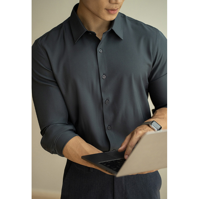 Мъжка риза с тясна кройка, полиестер/спандекс, без гладене, pointed яка, дълги ръкави