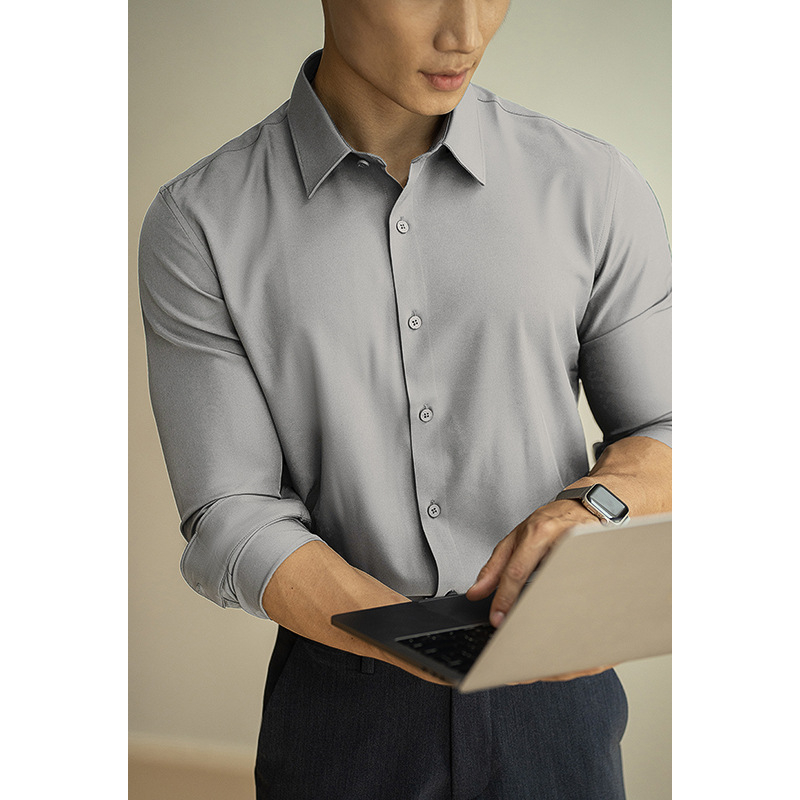 Мъжка риза с тясна кройка, полиестер/спандекс, без гладене, pointed яка, дълги ръкави