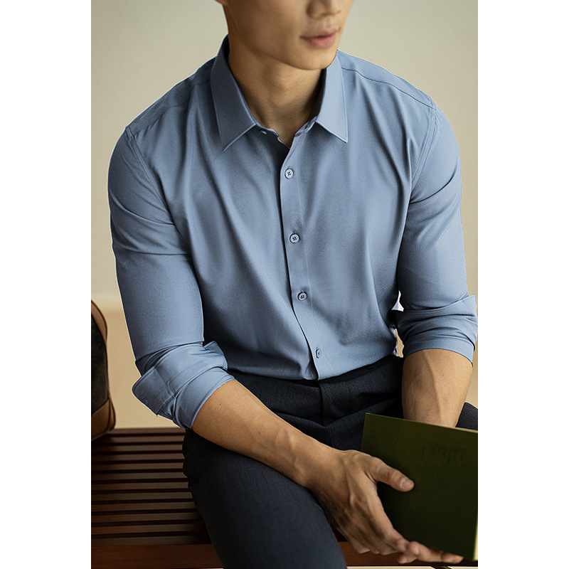 Мъжка риза с тясна кройка, полиестер/спандекс, без гладене, pointed яка, дълги ръкави