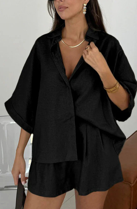 Дамски летен двукомпонентен комплект: едноцветен топ и панталони до три четвърти, полиестров (95%+)