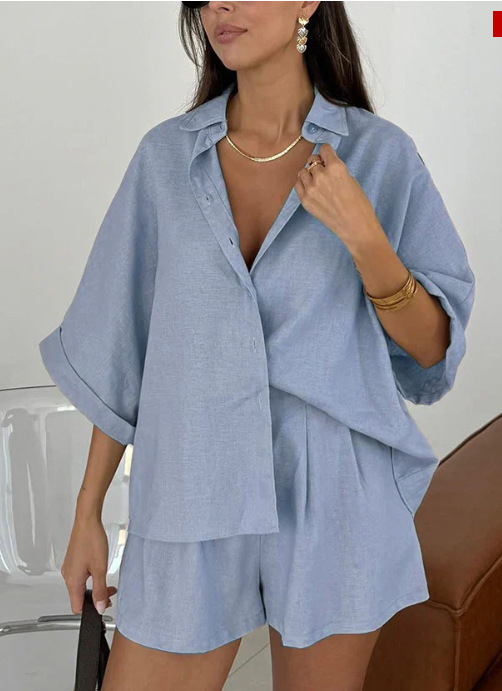 Дамски летен двукомпонентен комплект: едноцветен топ и панталони до три четвърти, полиестров (95%+)