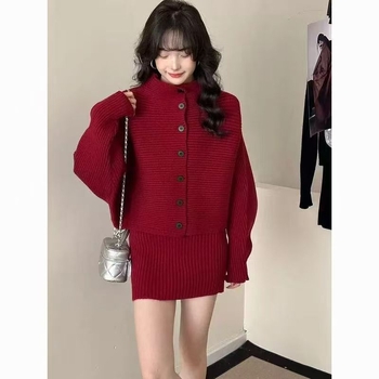 Двусъставен плетен комплект: топ с висока яка и дълги ръкави + пола, 3D модел, зима 2025, акрилно-полиестерова смес