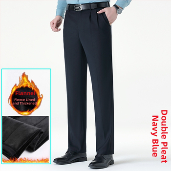 Ανδρικοί επιχειρηματικοί παντελόνες με ίσιο κόψιμο, μαλλί, χωρίς σιδέρωμα, φλις επένδυση, για χειμώνα