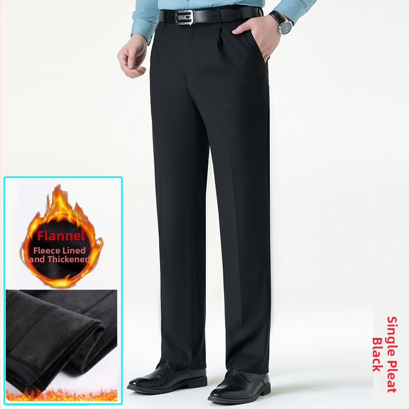 Ανδρικοί επιχειρηματικοί παντελόνες με ίσιο κόψιμο, μαλλί, χωρίς σιδέρωμα, φλις επένδυση, για χειμώνα