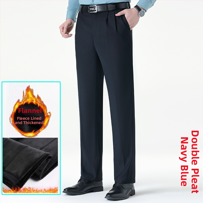 Ανδρικοί επιχειρηματικοί παντελόνες με ίσιο κόψιμο, μαλλί, χωρίς σιδέρωμα, φλις επένδυση, για χειμώνα