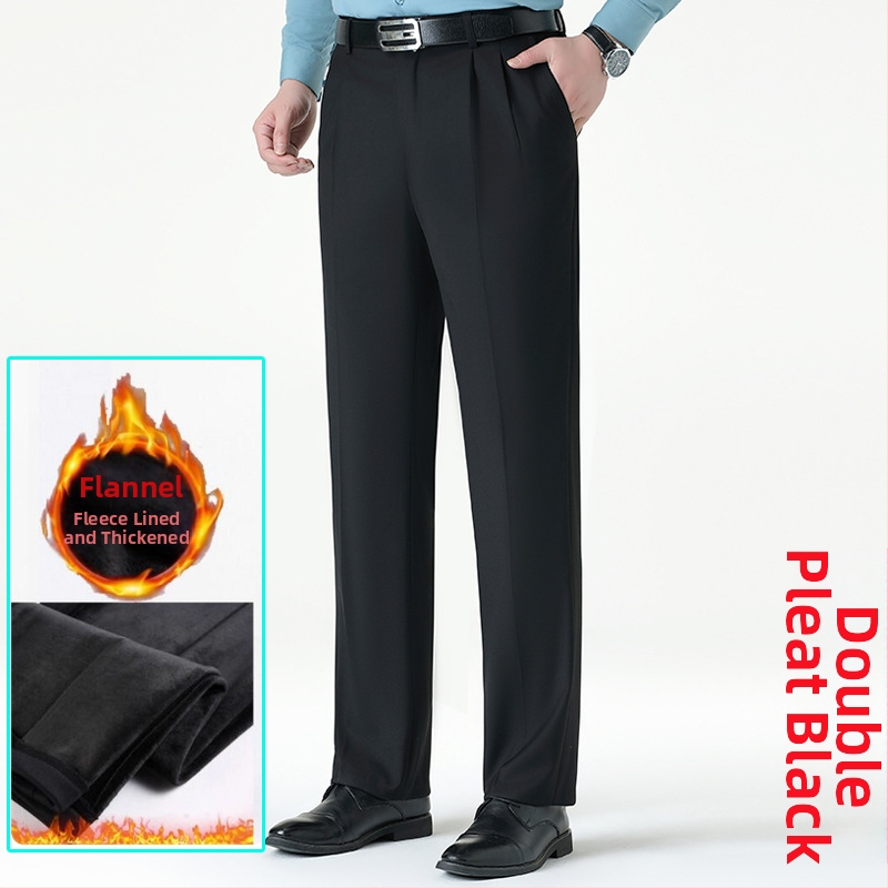 Ανδρικοί επιχειρηματικοί παντελόνες με ίσιο κόψιμο, μαλλί, χωρίς σιδέρωμα, φλις επένδυση, για χειμώνα