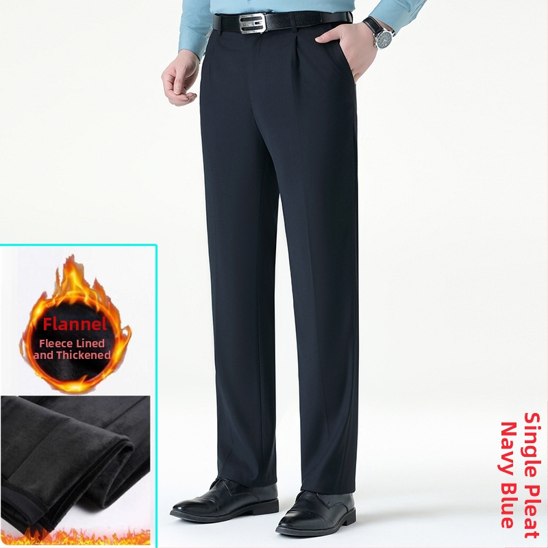 Ανδρικοί επιχειρηματικοί παντελόνες με ίσιο κόψιμο, μαλλί, χωρίς σιδέρωμα, φλις επένδυση, για χειμώνα