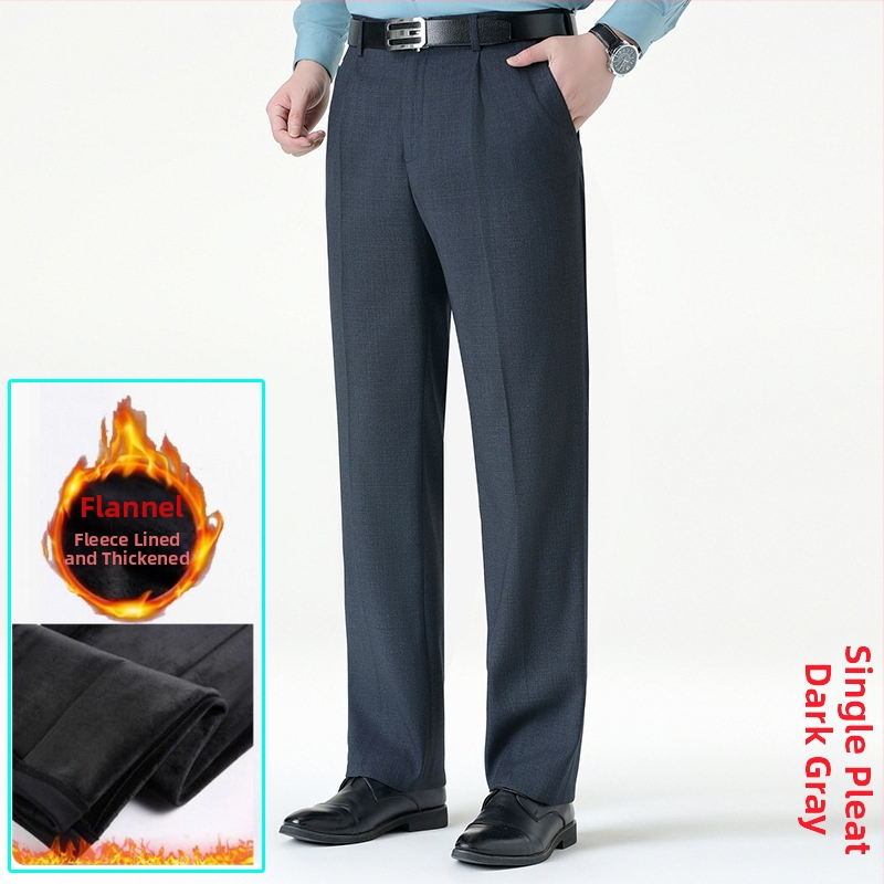 Ανδρικοί επιχειρηματικοί παντελόνες με ίσιο κόψιμο, μαλλί, χωρίς σιδέρωμα, φλις επένδυση, για χειμώνα