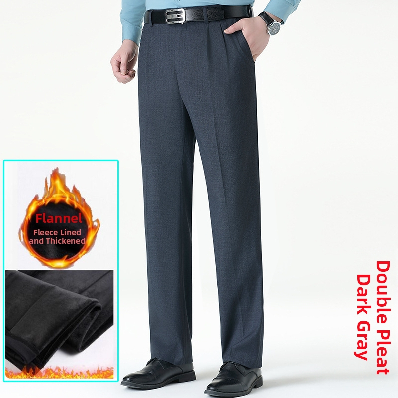 Ανδρικοί επιχειρηματικοί παντελόνες με ίσιο κόψιμο, μαλλί, χωρίς σιδέρωμα, φλις επένδυση, για χειμώνα