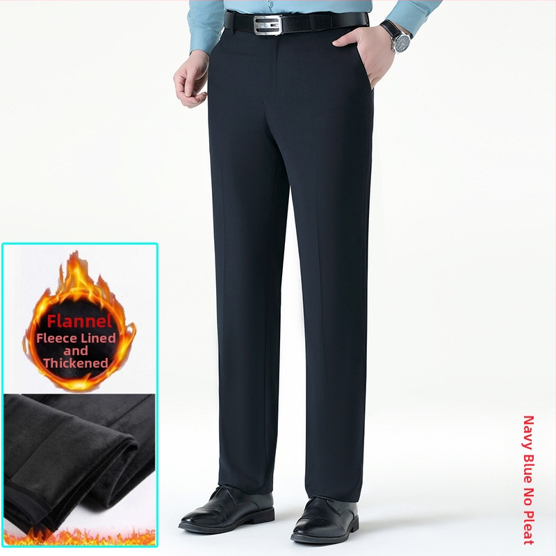 Ανδρικοί επιχειρηματικοί παντελόνες με ίσιο κόψιμο, μαλλί, χωρίς σιδέρωμα, φλις επένδυση, για χειμώνα