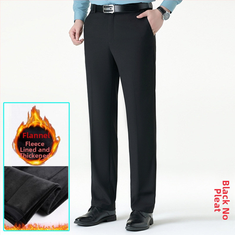 Ανδρικοί επιχειρηματικοί παντελόνες με ίσιο κόψιμο, μαλλί, χωρίς σιδέρωμα, φλις επένδυση, για χειμώνα