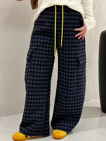 Панталони за жени с права кройка, ретро каре casual стил, cashmere жакардов композит 90g jersey, талия с ластик, зима 2025