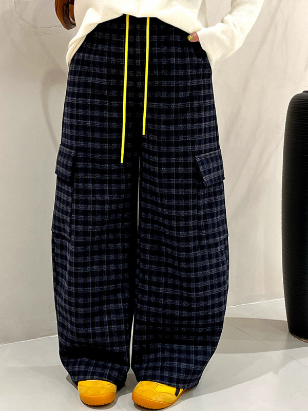 Панталони за жени с права кройка, ретро каре casual стил, cashmere жакардов композит 90g jersey, талия с ластик, зима 2025