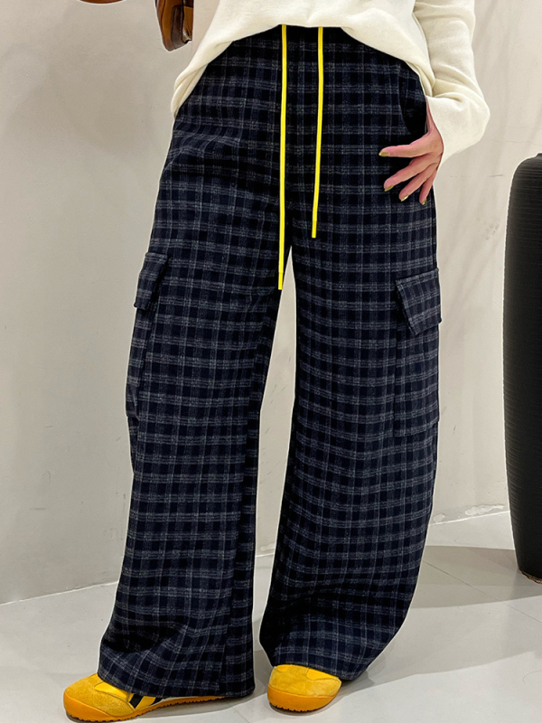 Панталони за жени с права кройка, ретро каре casual стил, cashmere жакардов композит 90g jersey, талия с ластик, зима 2025