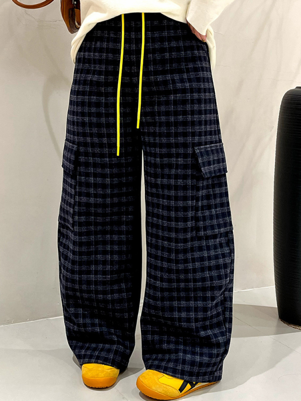 Панталони за жени с права кройка, ретро каре casual стил, cashmere жакардов композит 90g jersey, талия с ластик, зима 2025