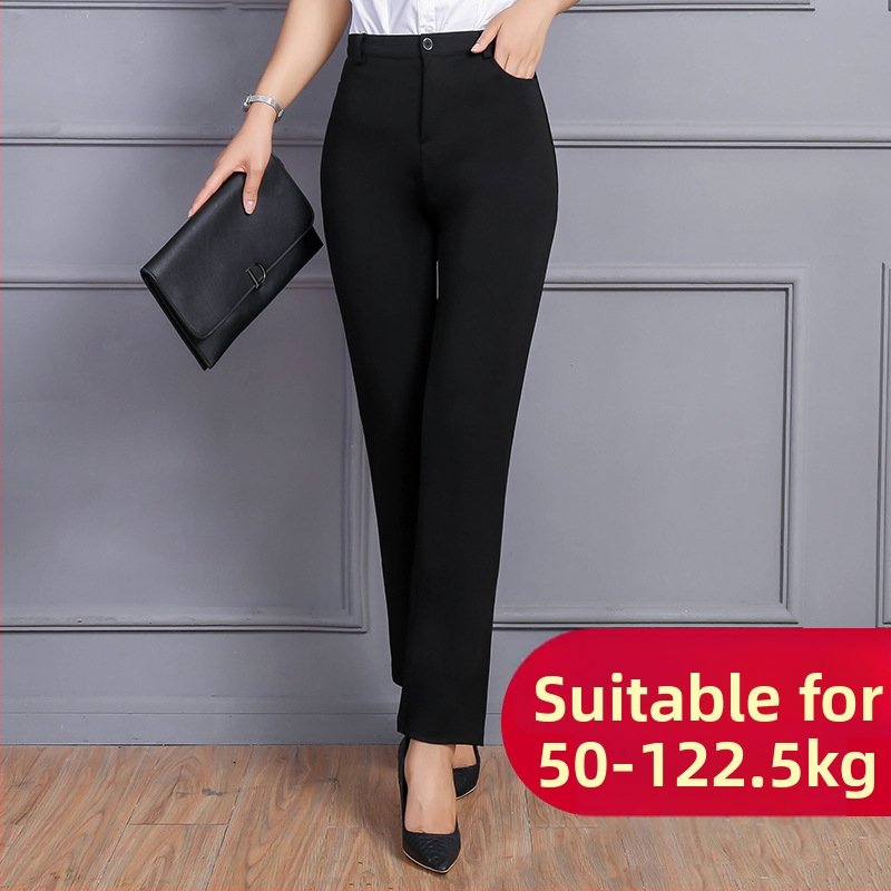 Strečové nohavice pre ženy s vysokým pásom, rovný strih, kancelárske využitie, jednofarebný vzor