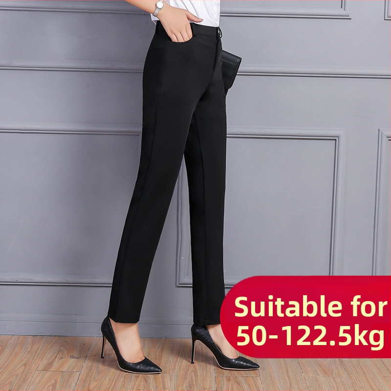 Strečové nohavice pre ženy s vysokým pásom, rovný strih, kancelárske využitie, jednofarebný vzor