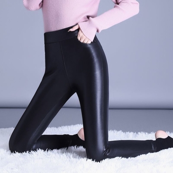 Дамски леггинси от истинска кожа, есенно-зимни, корейски стил, слим-фит, подплатени с флийс, 50–70% съдържание на кожа