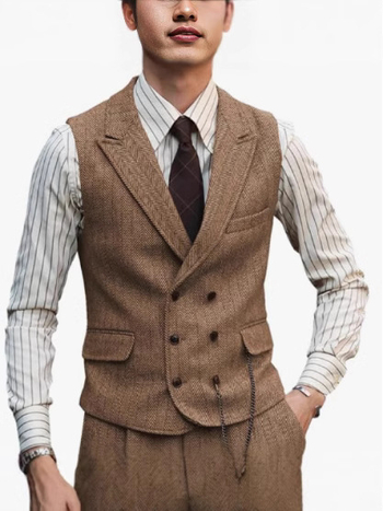 Мъжки жилет с шарка рибена кост, тънък силует, двойно закопчаване, костюмна яка, полиестерна тъкан