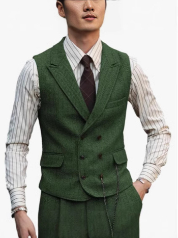 Мъжки жилет с шарка рибена кост, тънък силует, двойно закопчаване, костюмна яка, полиестерна тъкан