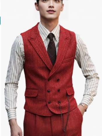 Мъжки жилет с шарка рибена кост, тънък силует, двойно закопчаване, костюмна яка, полиестерна тъкан