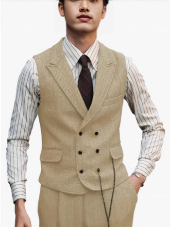 Мъжки жилет с шарка рибена кост, тънък силует, двойно закопчаване, костюмна яка, полиестерна тъкан