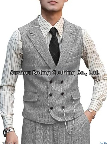 Pánska vesta s rybinovým vzorom, úzka línia, dvojradové zapínanie, golier typu oblek, polyesterová látka