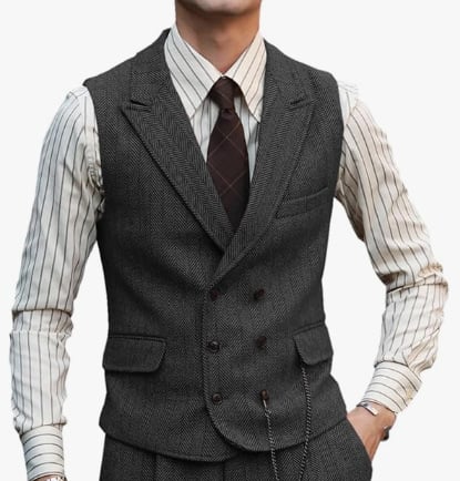 Мъжки жилет с шарка рибена кост, тънък силует, двойно закопчаване, костюмна яка, полиестерна тъкан
