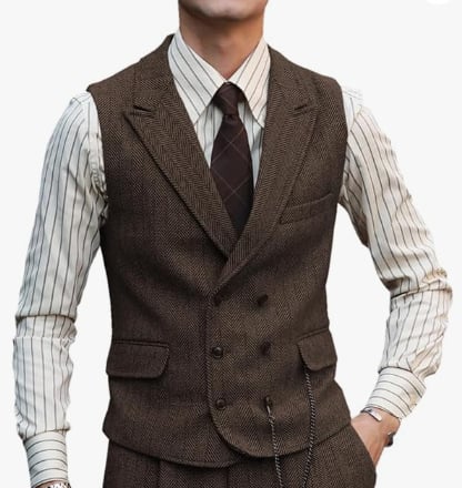 Мъжки жилет с шарка рибена кост, тънък силует, двойно закопчаване, костюмна яка, полиестерна тъкан