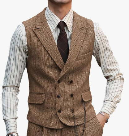 Мъжки жилет с шарка рибена кост, тънък силует, двойно закопчаване, костюмна яка, полиестерна тъкан