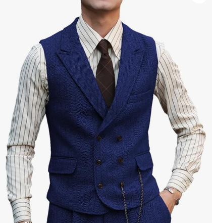 Мъжки жилет с шарка рибена кост, тънък силует, двойно закопчаване, костюмна яка, полиестерна тъкан