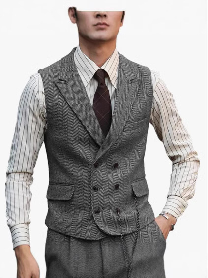 Мъжки жилет с шарка рибена кост, тънък силует, двойно закопчаване, костюмна яка, полиестерна тъкан