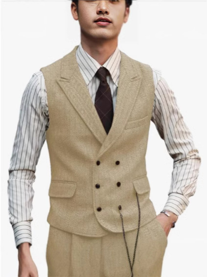 Мъжки жилет с шарка рибена кост, тънък силует, двойно закопчаване, костюмна яка, полиестерна тъкан