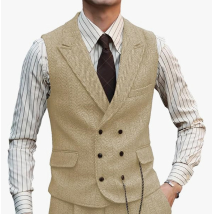 Мъжки жилет с шарка рибена кост, тънък силует, двойно закопчаване, костюмна яка, полиестерна тъкан