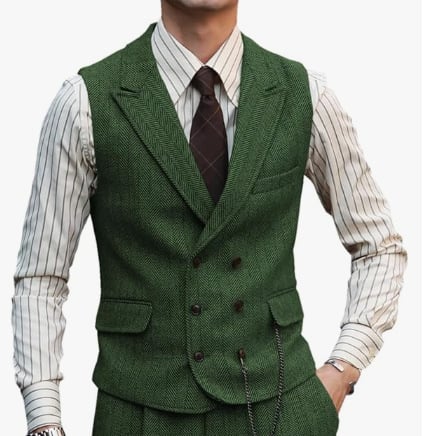Мъжки жилет с шарка рибена кост, тънък силует, двойно закопчаване, костюмна яка, полиестерна тъкан