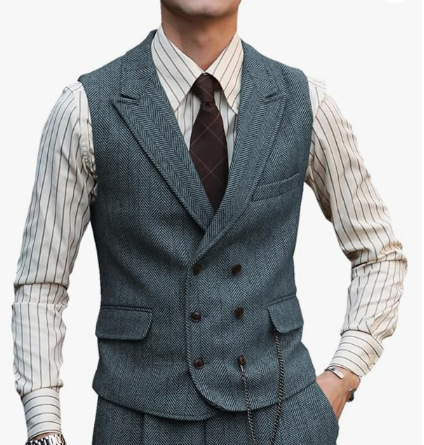 Мъжки жилет с шарка рибена кост, тънък силует, двойно закопчаване, костюмна яка, полиестерна тъкан