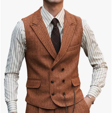 Мъжки жилет с шарка рибена кост, тънък силует, двойно закопчаване, костюмна яка, полиестерна тъкан