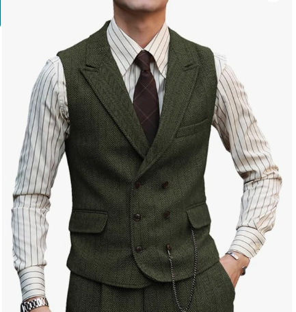 Мъжки жилет с шарка рибена кост, тънък силует, двойно закопчаване, костюмна яка, полиестерна тъкан