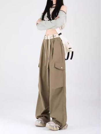 Pantaloni casual cu talie înaltă, croială largă, din amestec de bumbac, primăvara 2025