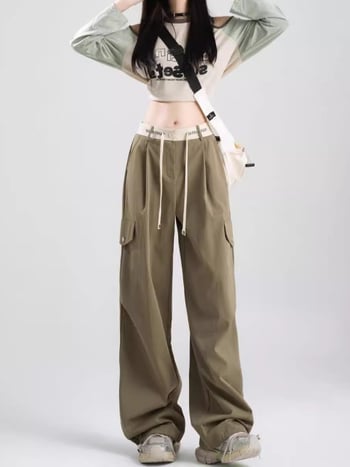 Pantaloni casual cu talie înaltă, croială largă, din amestec de bumbac, primăvara 2025