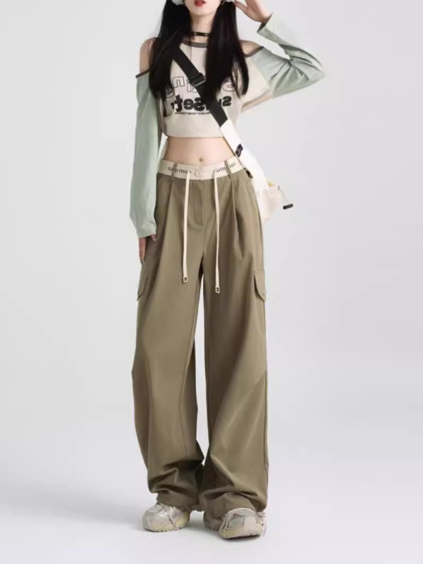 Pantaloni casual cu talie înaltă, croială largă, din amestec de bumbac, primăvara 2025