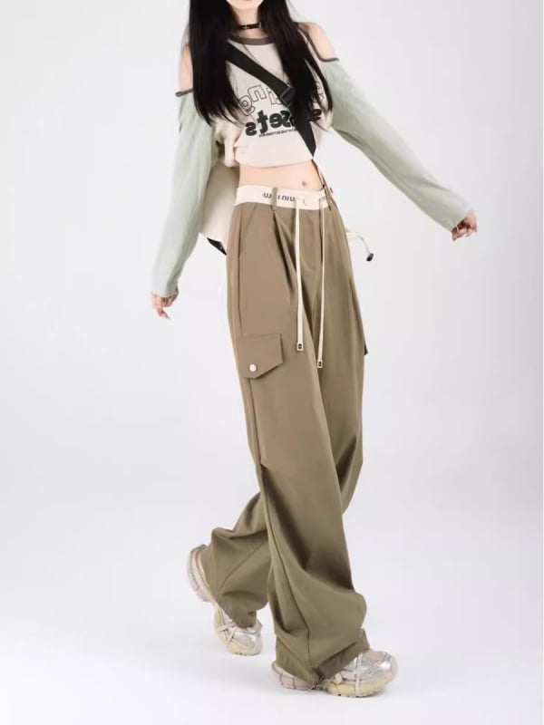 Pantaloni casual cu talie înaltă, croială largă, din amestec de bumbac, primăvara 2025