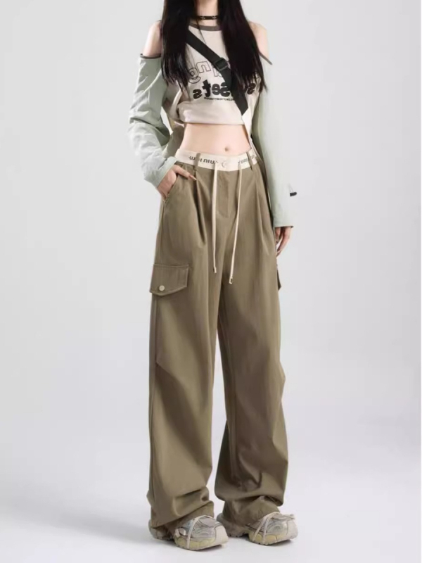 Pantaloni casual cu talie înaltă, croială largă, din amestec de bumbac, primăvara 2025